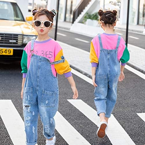 Yao 3-14 岁女孩连体裤和连衫裤大童围兜工作服蓝色可调节腰带牛仔颜色变化亮片裤, robin 蓝