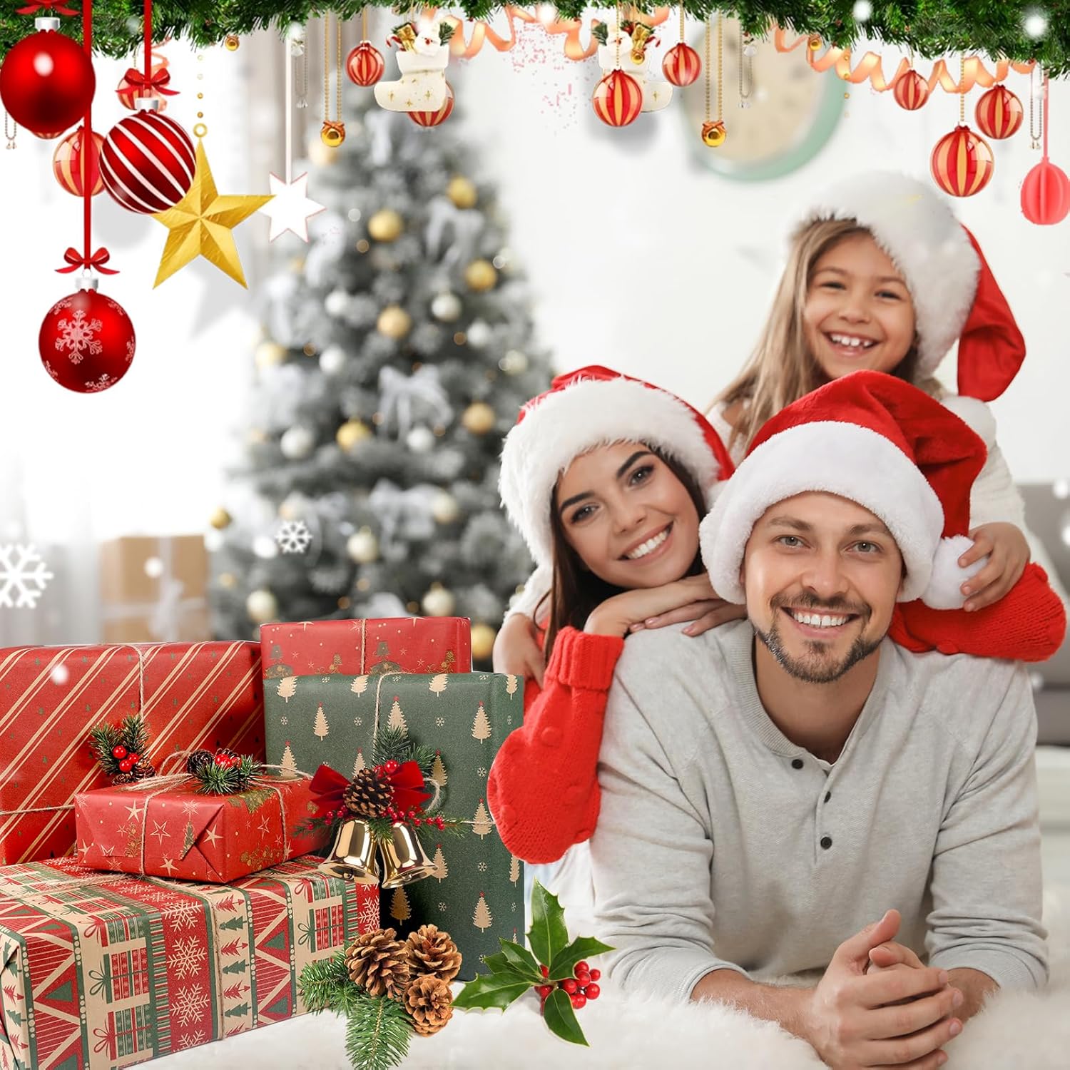 圣诞包装纸(包括黄麻绳),4 卷带几何条纹的巨型卷