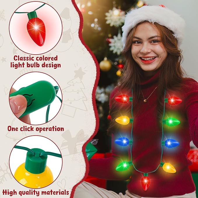  6 件圣诞灯项链,9 个灯泡圣诞配饰,带 3 种闪光模式,彩色圣诞灯项链