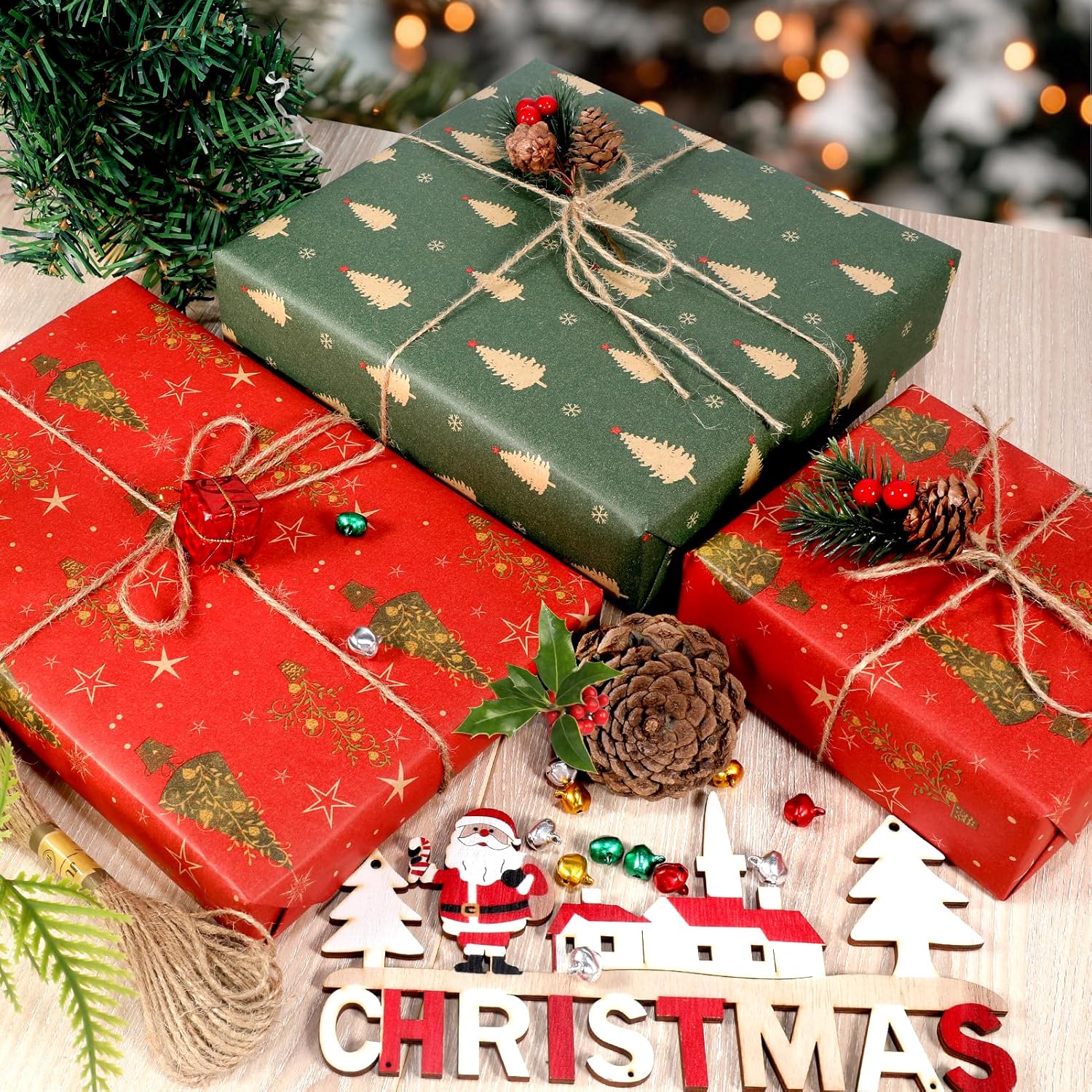 圣诞包装纸(包括黄麻绳),4 卷带几何条纹的巨型卷